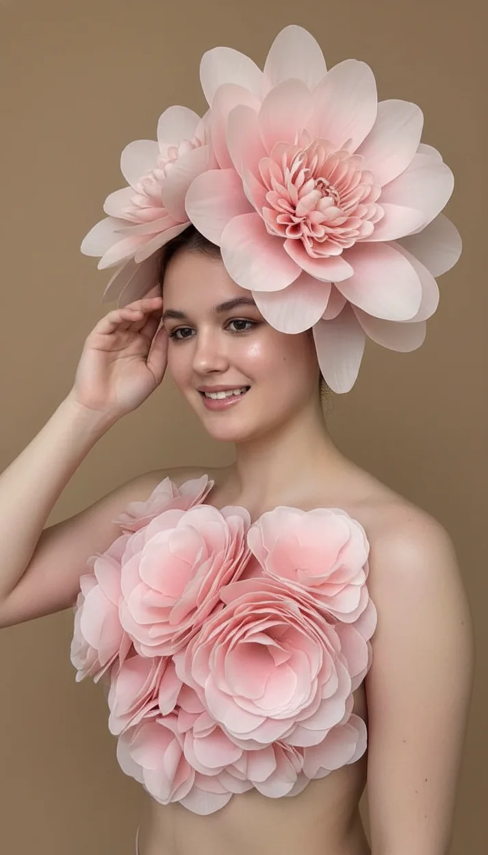 Девушка в студии в образе с огромными цветами на голове и груди крупный портрет полуоборот мягкий свет