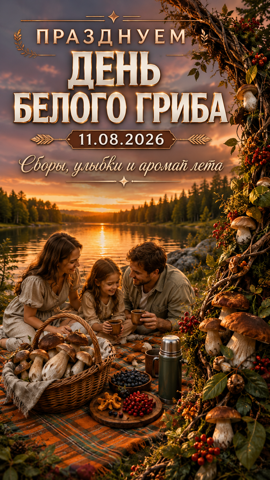 День белого гриба — 11.08.2026 — пикник у озера в закатном свете