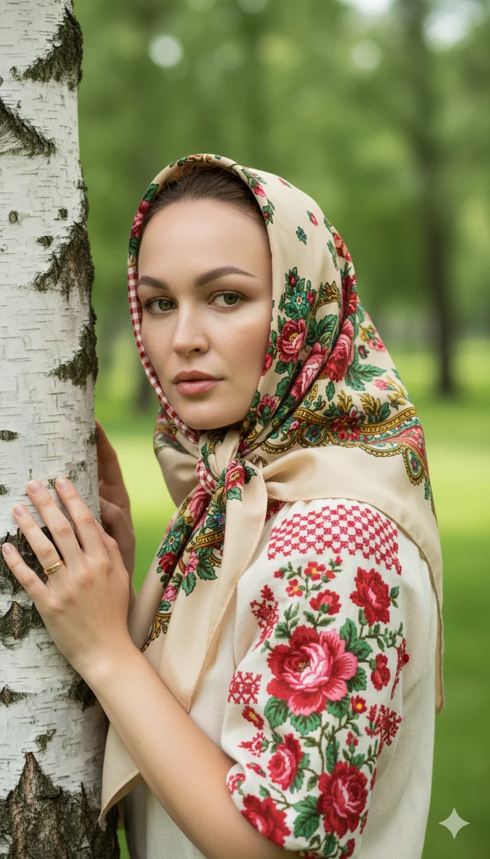 Женщина у берёзы в платке с цветочным узором