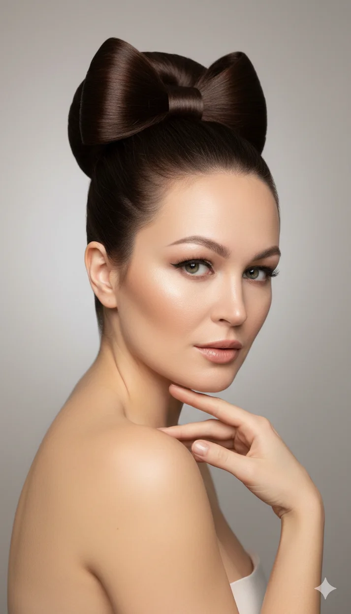 Гладкий высокий пучок-бант в шоколадном оттенке