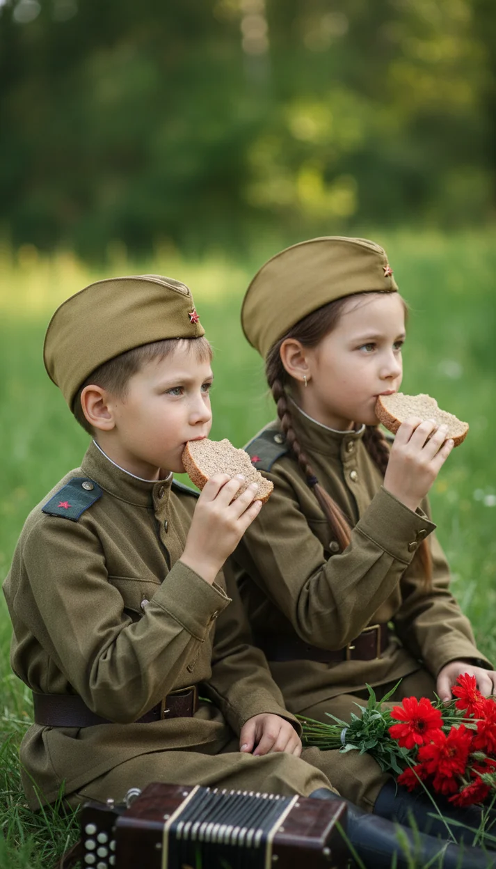  Двое детей в военной форме сидят с хлебом и цветами на природе 