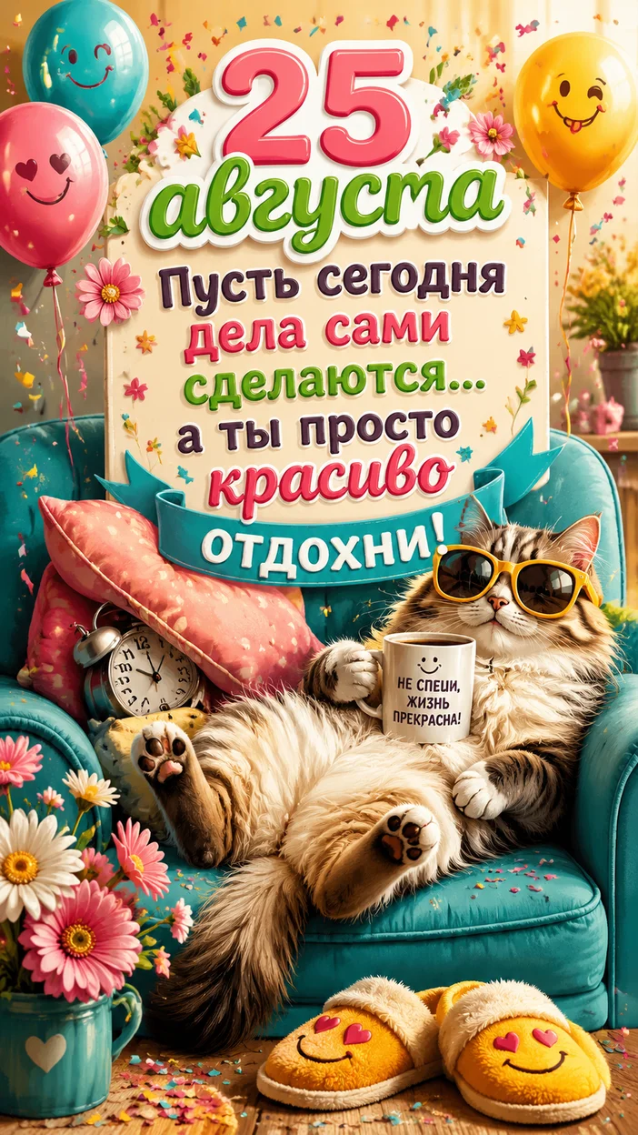 Открытка кота 25 августа в кресле