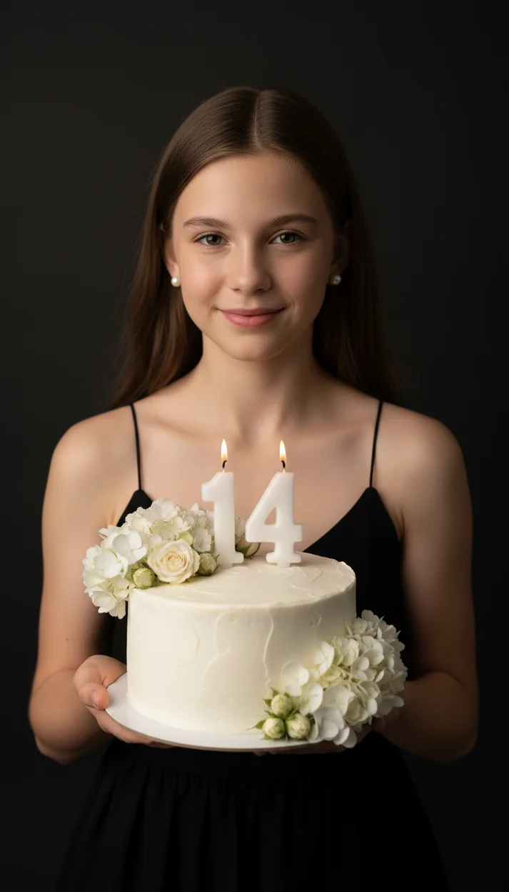  Фотосессия на 14 лет с белыми цветами и тортом
