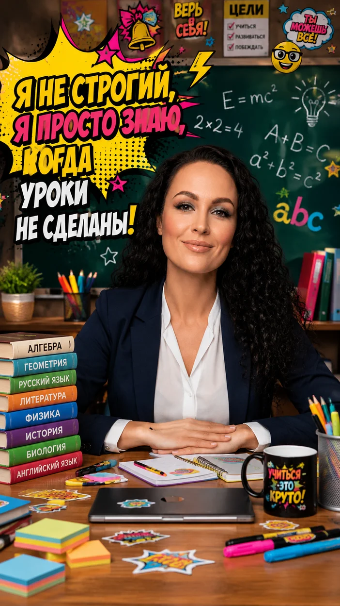 Фотооткрытка учителю с поздравлением "Я НЕ СТРОГИЙ, Я ПРОСТО ЗНАЮ, КОГДА УРОКИ НЕ СДЕЛАНЫ!"
