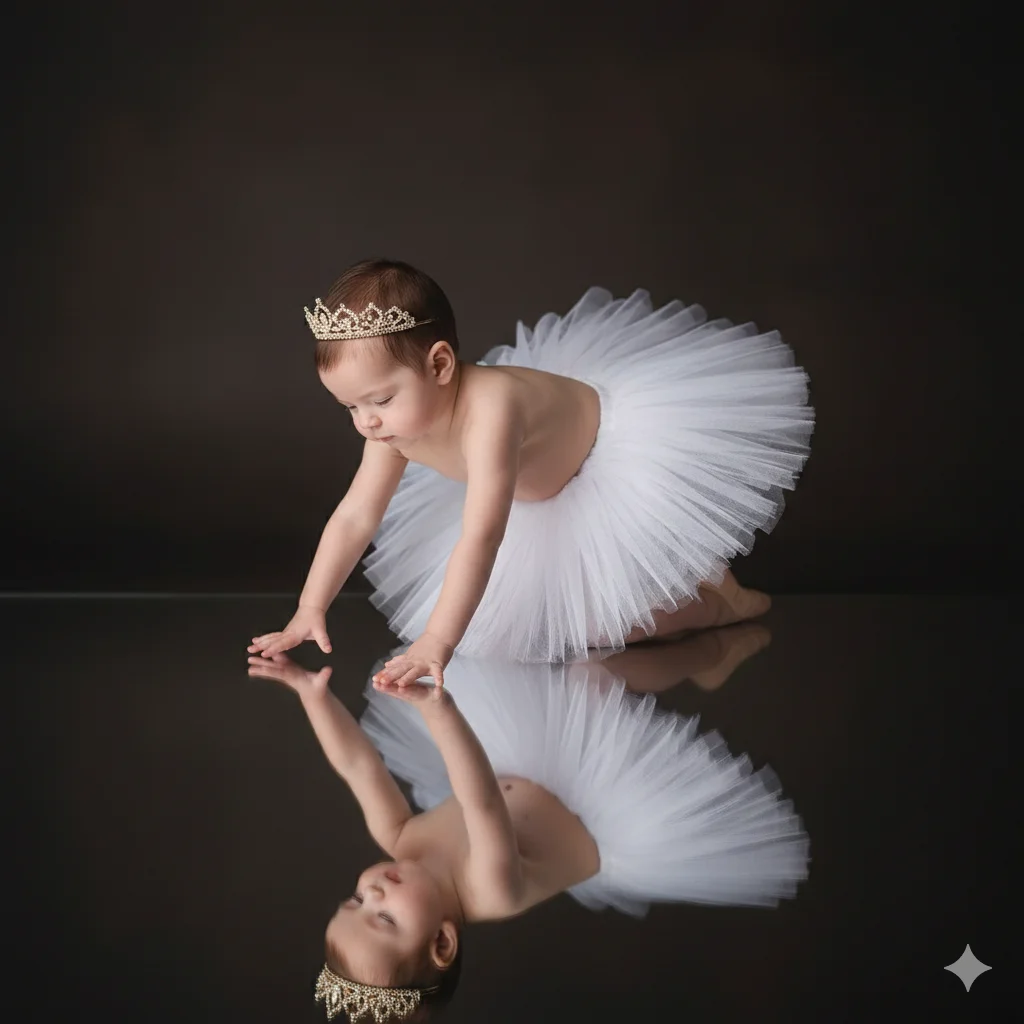 Малышка-балерина в короне тянется к отражению