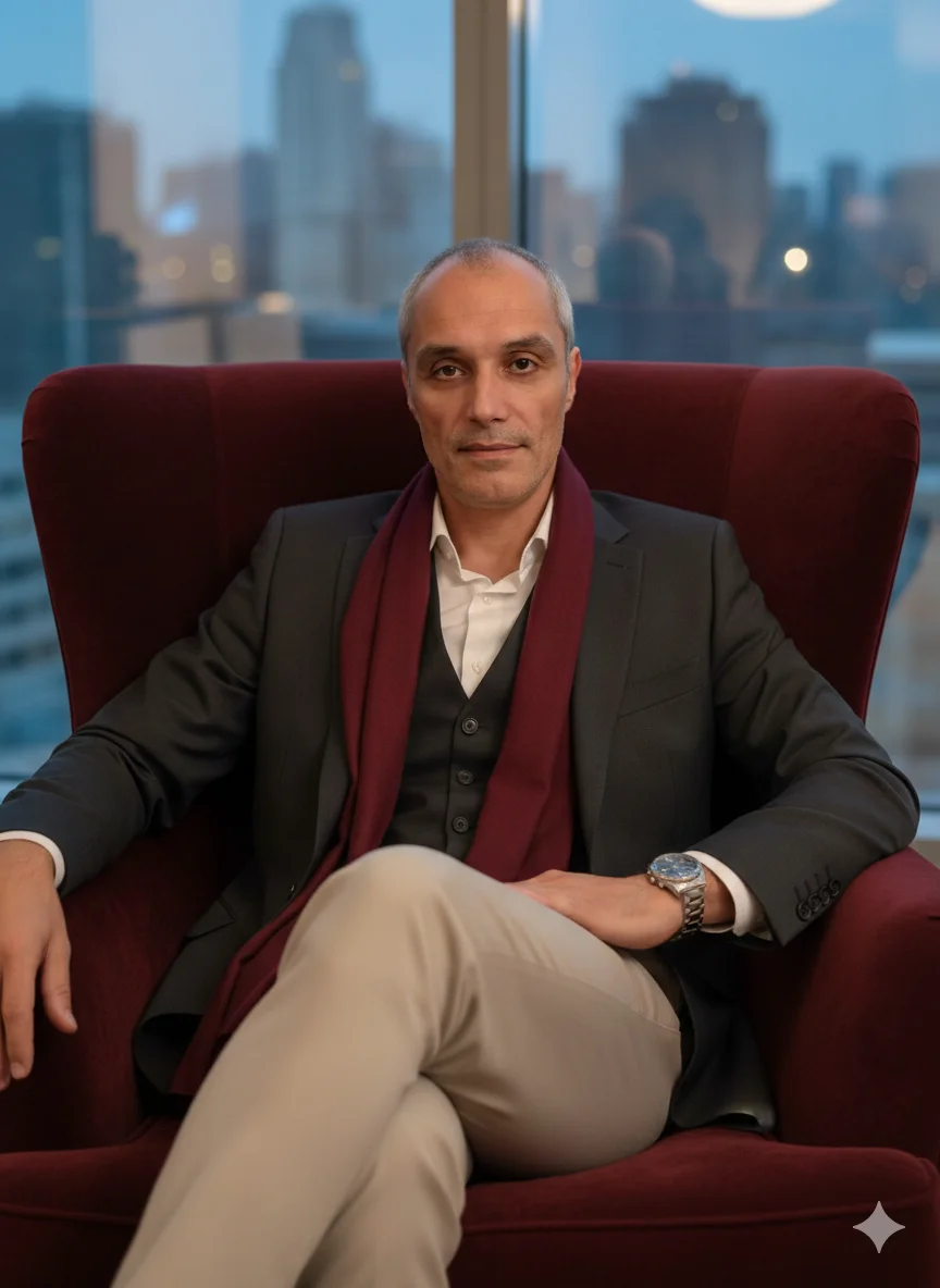 Мужчина в кресле у панорамного окна в сером костюме