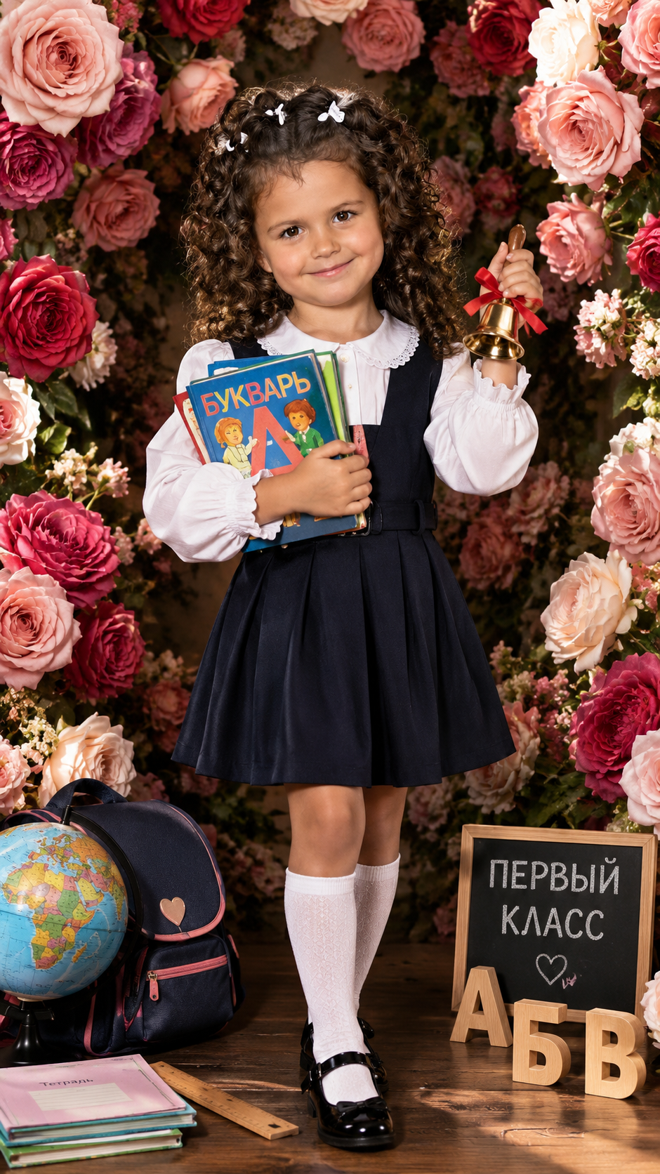 Фотосессия первоклассница среди крупных роз с книгами, звонком и табличкой «ПЕРВЫЙ КЛАСС