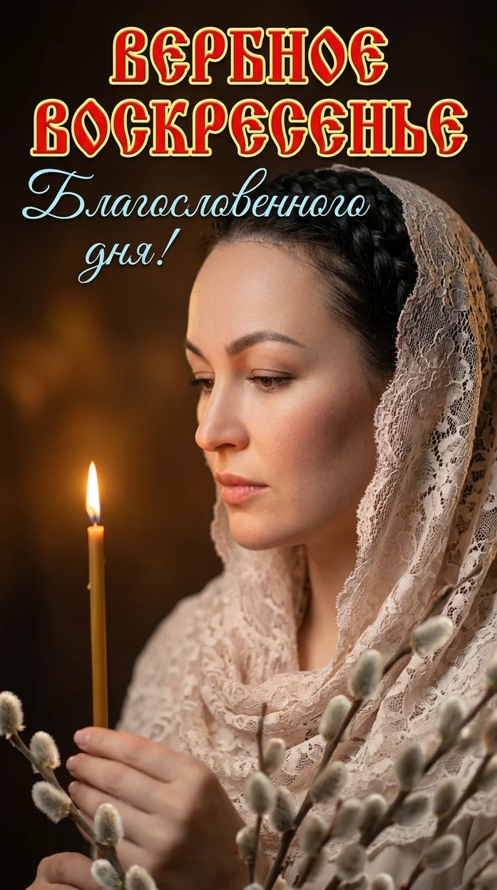 Вербное воскресенье портрет со свечой и вербой  с вашим фото и текстом 