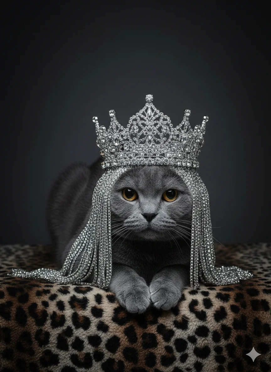 Кот в серебряной короне и блестящем парике, лежит расслабленно, опираясь мордой на лапы