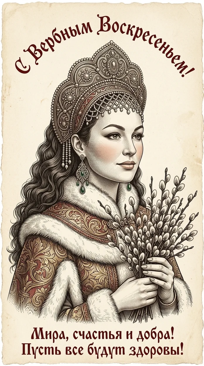 Винтажная открытка С Вербным Воскресеньем в стиле гравюры  с вашим фото 