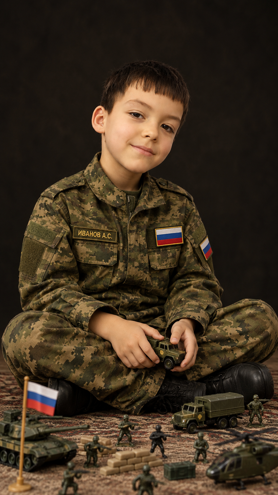 Фотосессия студийный портрет ребёнка в русской детской форме с игрушечными военными машинами и шевроном