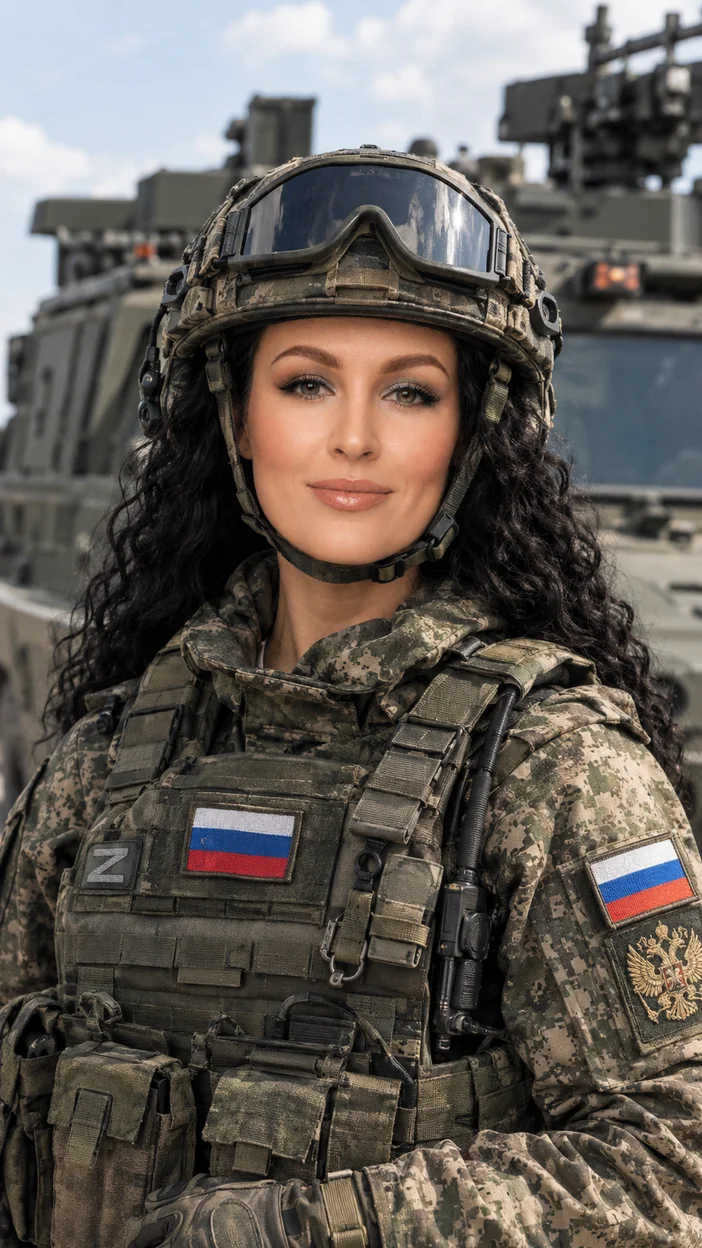 Фотосессия портрет у военной машины — девушка в русской форме по пояс
