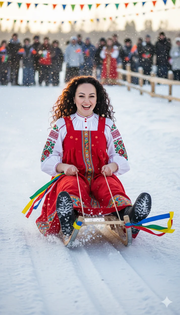 Женщина в красном сарафане на деревянных санях с горки на снегу