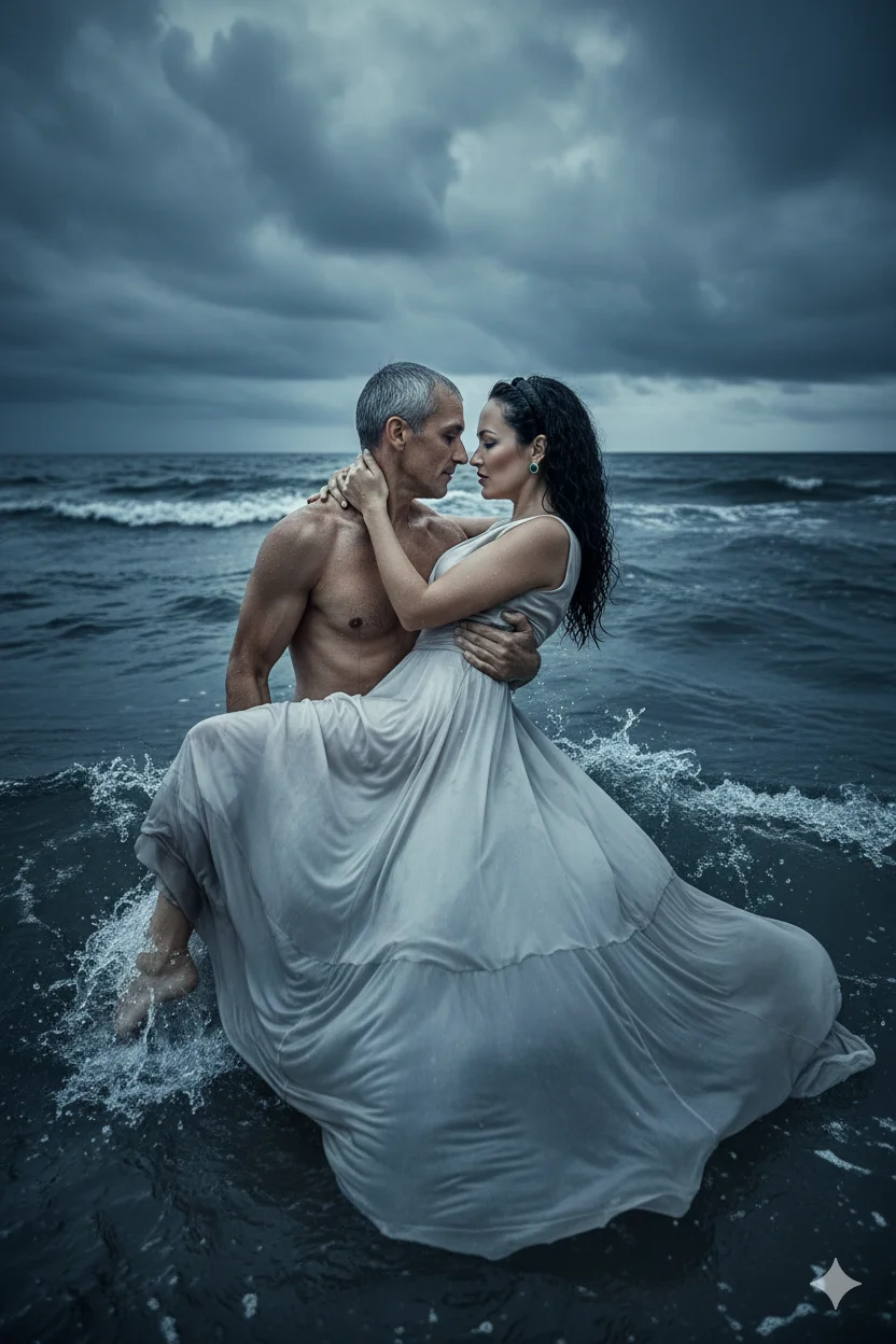 влюблённая пара в бурном море