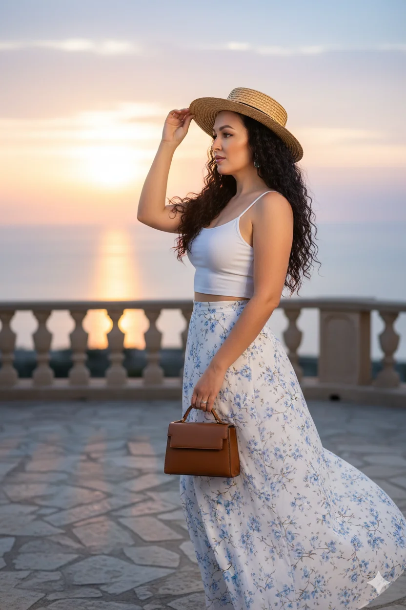 Женщина на террасе у моря в белом топе и длинной юбке стоит в полуобороте