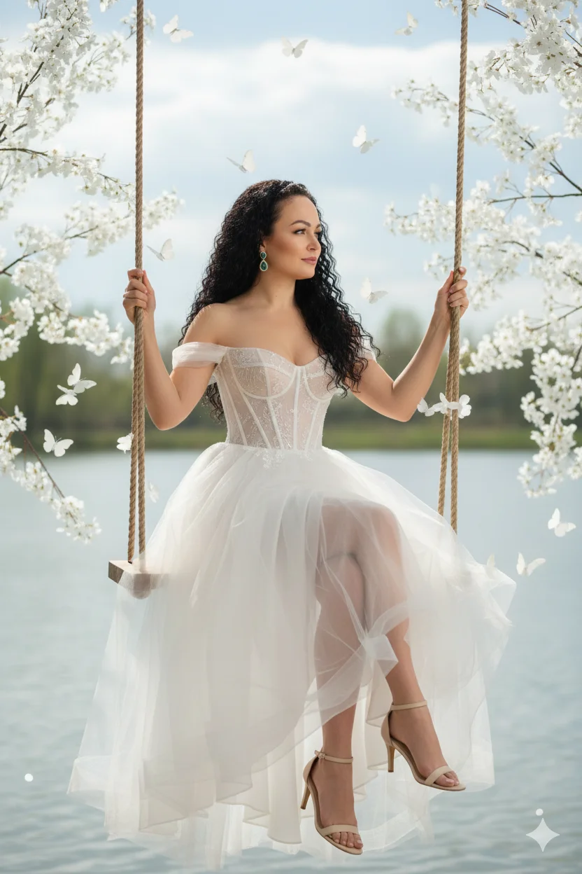 Женщина на качелях у воды в белом платье с открытыми плечами