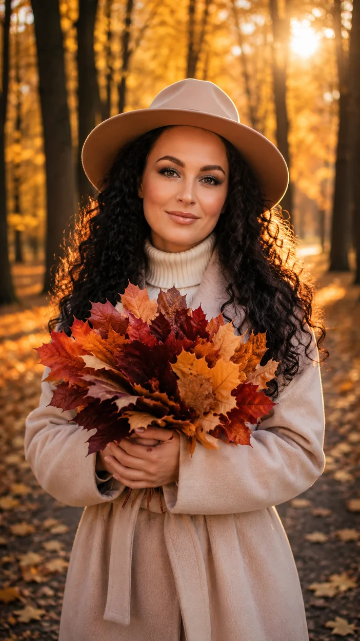 Фотосессия девушки с букетом листьев в лесу
