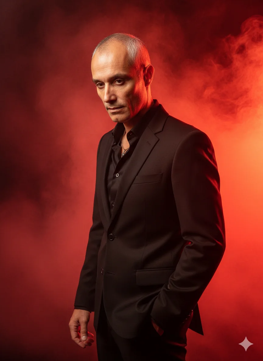 Мужчина в чёрном костюме стоит в полуобороте на фоне красного дыма