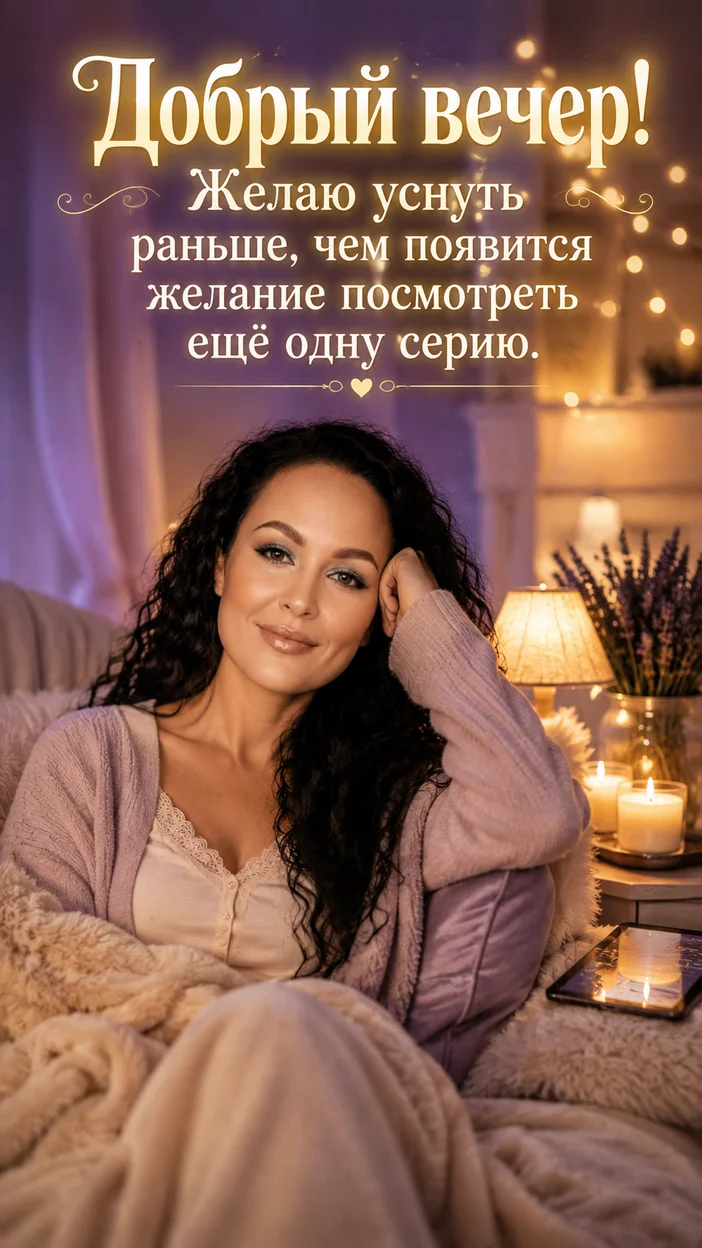 Фотооткрытка для всех с поздравлением "Добрый вечер! Желаю уснуть раньше, чем появится желание посмотреть ещё одну серию."