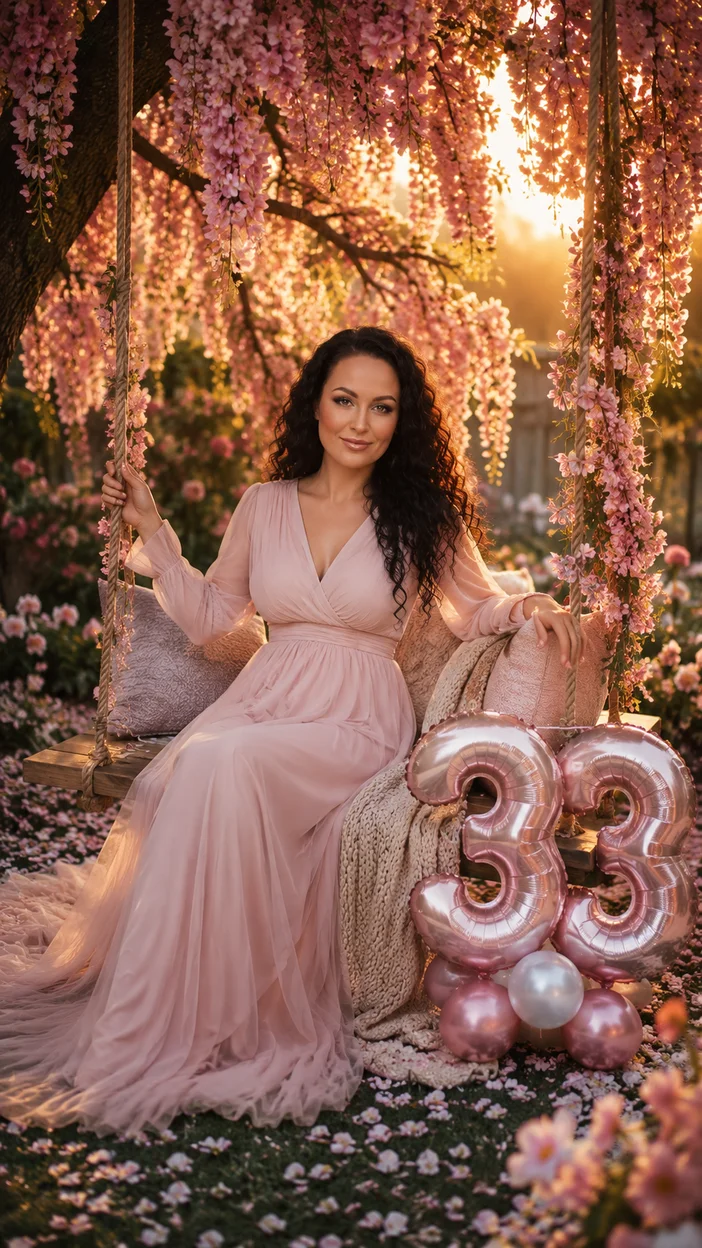 Фотосессия на качелях под цветущим деревом с шарами 33