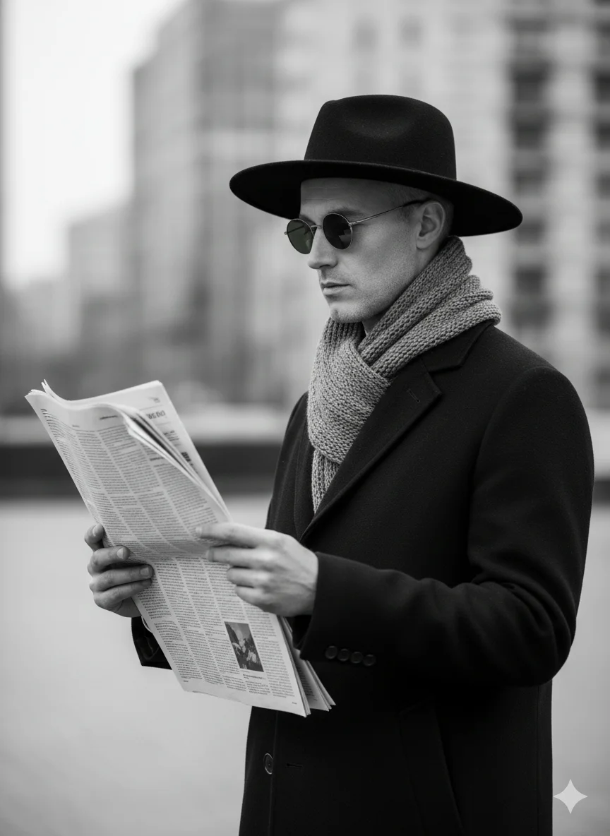 Мужчина в шляпе и шарфе читает газету на улице 