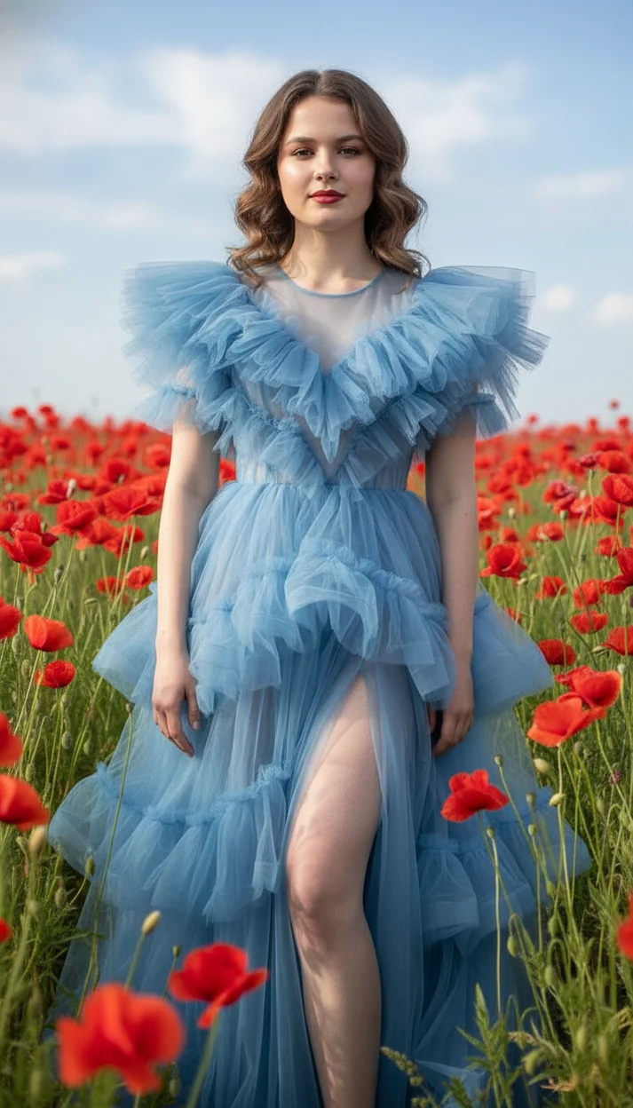 Девушка среди высоких красных маков в голубом воздушном платье 