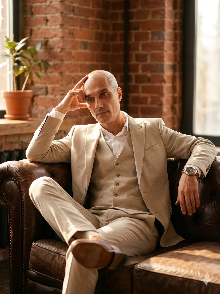 Мужчина в светлом костюме сидит на кожаном диване опираясь рукой на голову