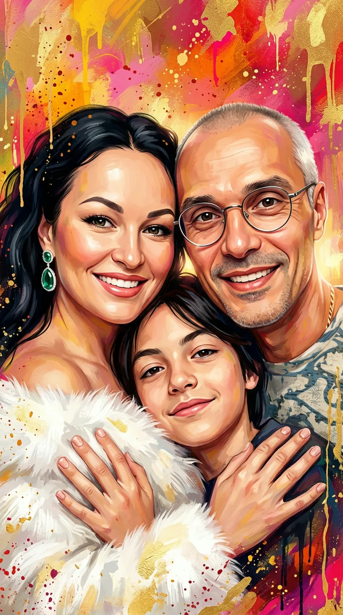 премиальная художественная family-illustration в стиле яркой современной цифровой живописи