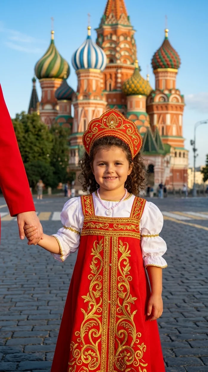 Маленькая девочка на Красной площади в русском сарафане держит взрослого за руку