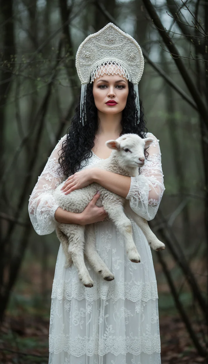 Женщина в белом кружевном платье и расшитом кокошнике стоит в лесу, на руках ягнёнок