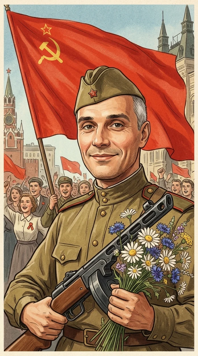 Ретро открытка ко Дню Победы с солдатом и букетом