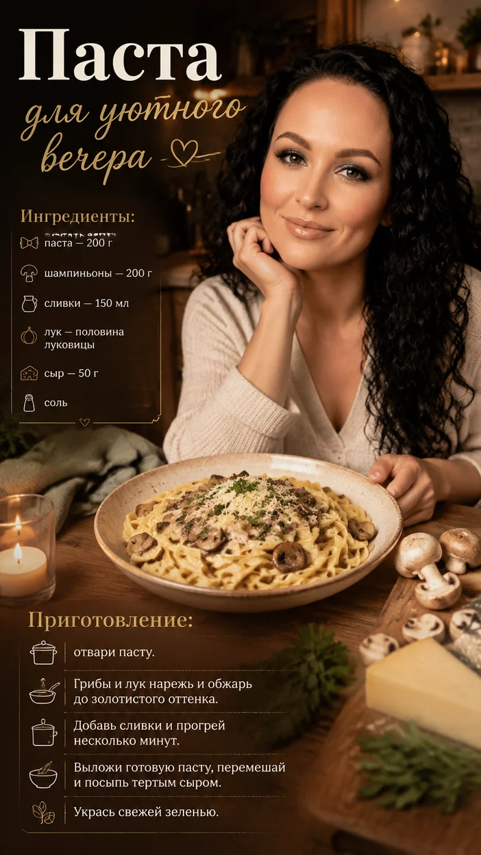 Фотосессия грибной пасты в уютном интерьере