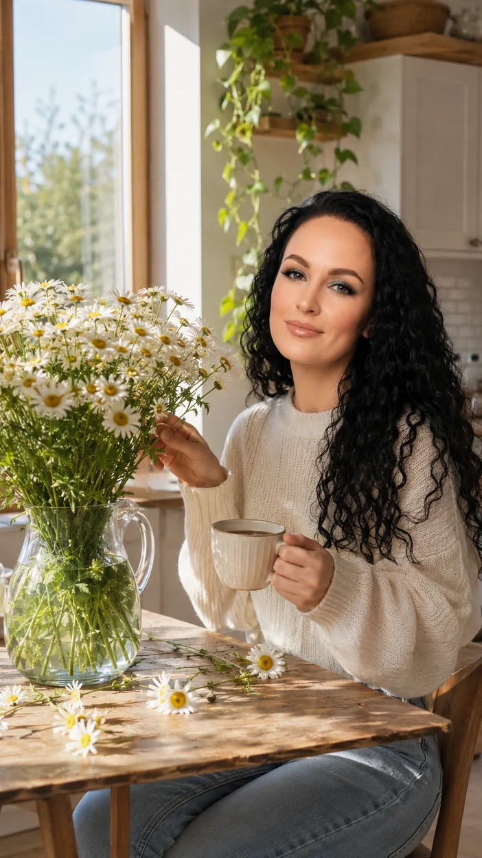 Фотосессия девушки в кремовом свитере на кухне с ромашками