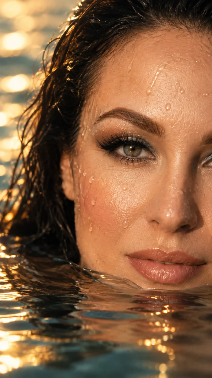 Фотосессия экстремально крупный beauty‑портрет девушки у поверхности воды с золотистым закатом