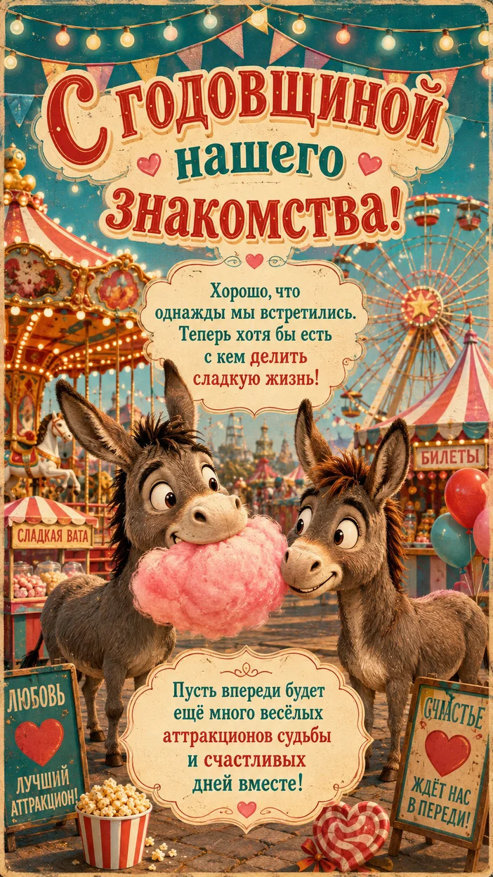 Фотосессия веселой открытки с парой осликов на ярмарке