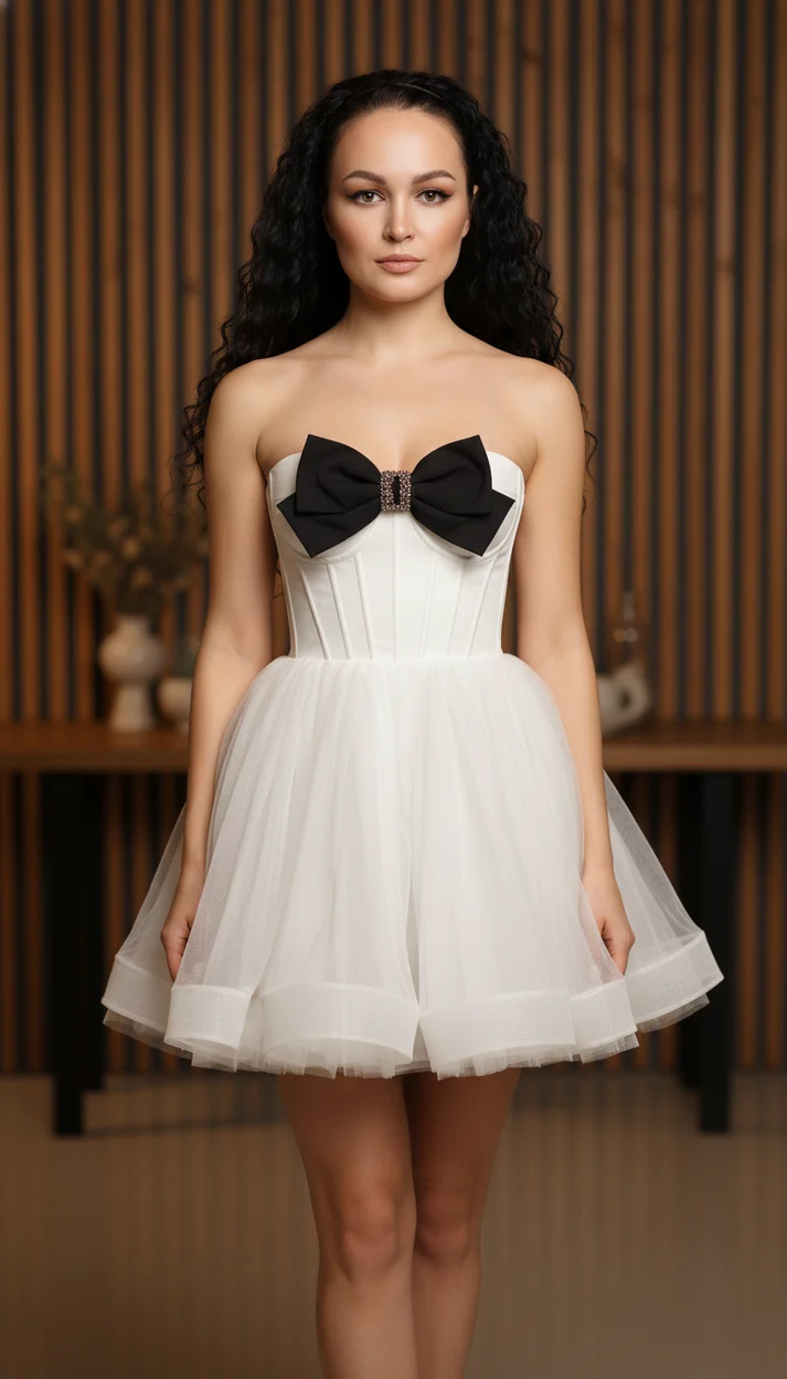  Девушка в белом корсетном платье с бантом