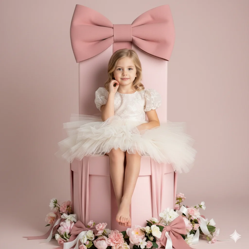 Девочка в светлом платье сидит на розовом подарочном кресле с бантом среди цветов