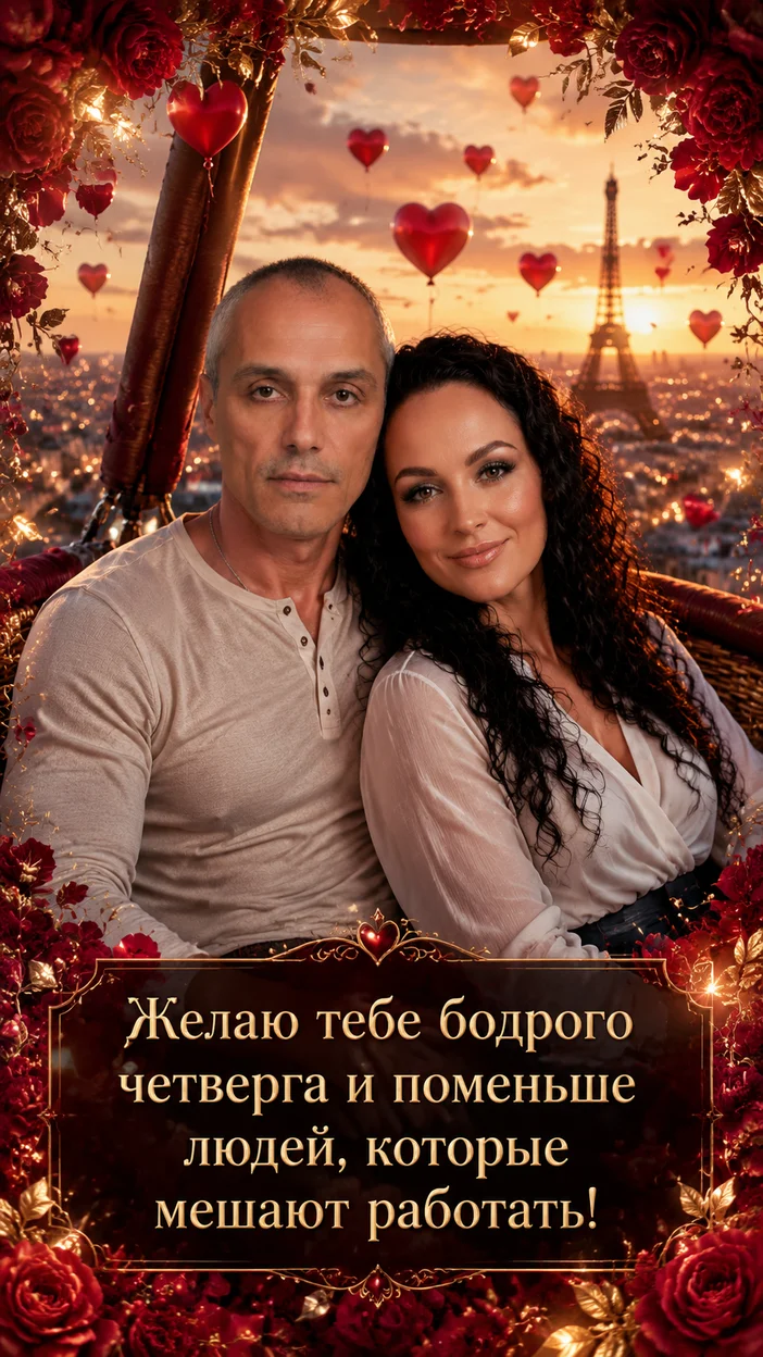 Фотооткрытка для него с текстом "Желаю тебе бодрого четверга и поменьше людей, которые мешают работать!"