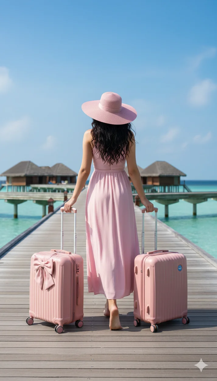 Девушка в розовом платье и шляпе на пирсе с чемоданами спиной к камере 