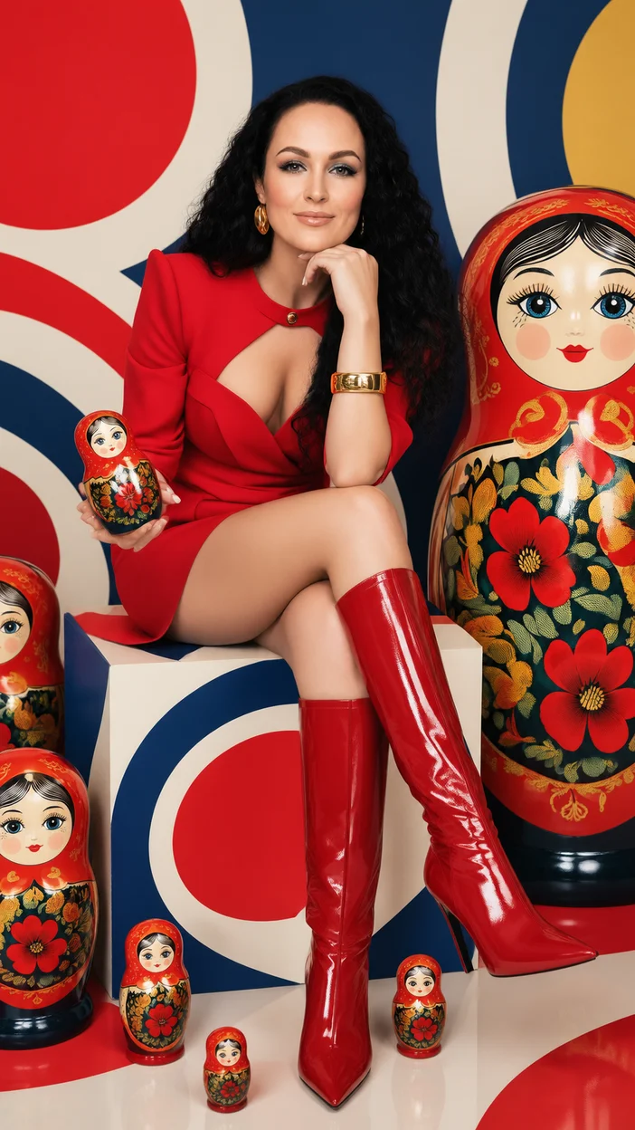 Фотосессия яркий pop‑art с девушкой и большими матрёшками на студии