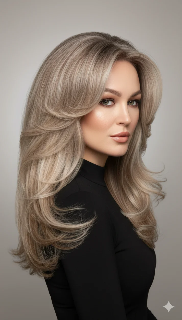 Многослойный латте-блонд с мягкой укладкой