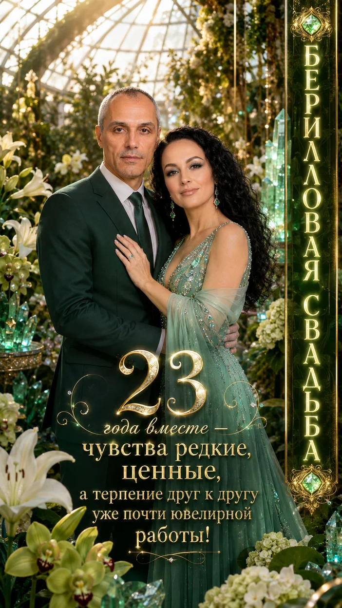 Фотооткрытка супругам с текстом "Берилловая нежность — 23 года"