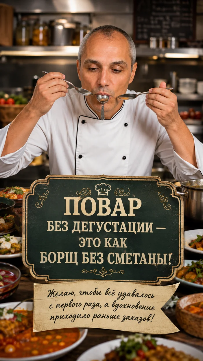 Фотооткрытка повару с текстом "ПОВАР БЕЗ ДЕГУСТАЦИИ — ЭТО КАК БОРЩ БЕЗ СМЕТАНЫ!"