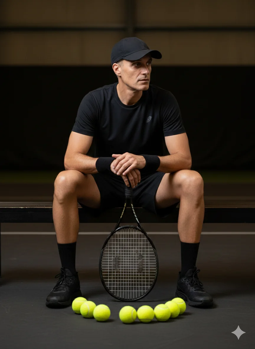 Мужчина в чёрной спортивной форме сидит с теннисной ракеткой между ног