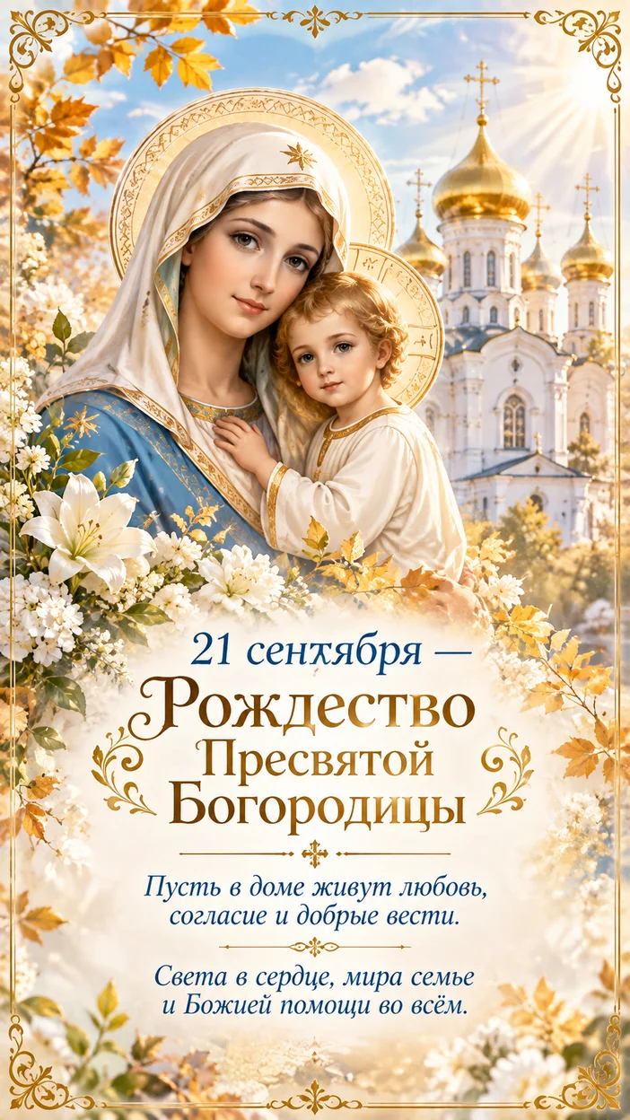 Фотосессия торжественная открытка на Рождество Пресвятой Богородицы 21 сентября с церковью и золотыми куполами