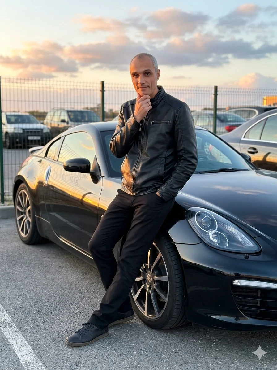 Мужчина в чёрной кожаной куртке у спорткара