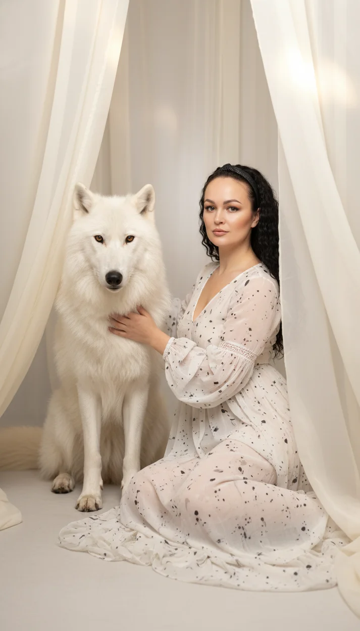  Девушка в воздушных тканях с белым волком 