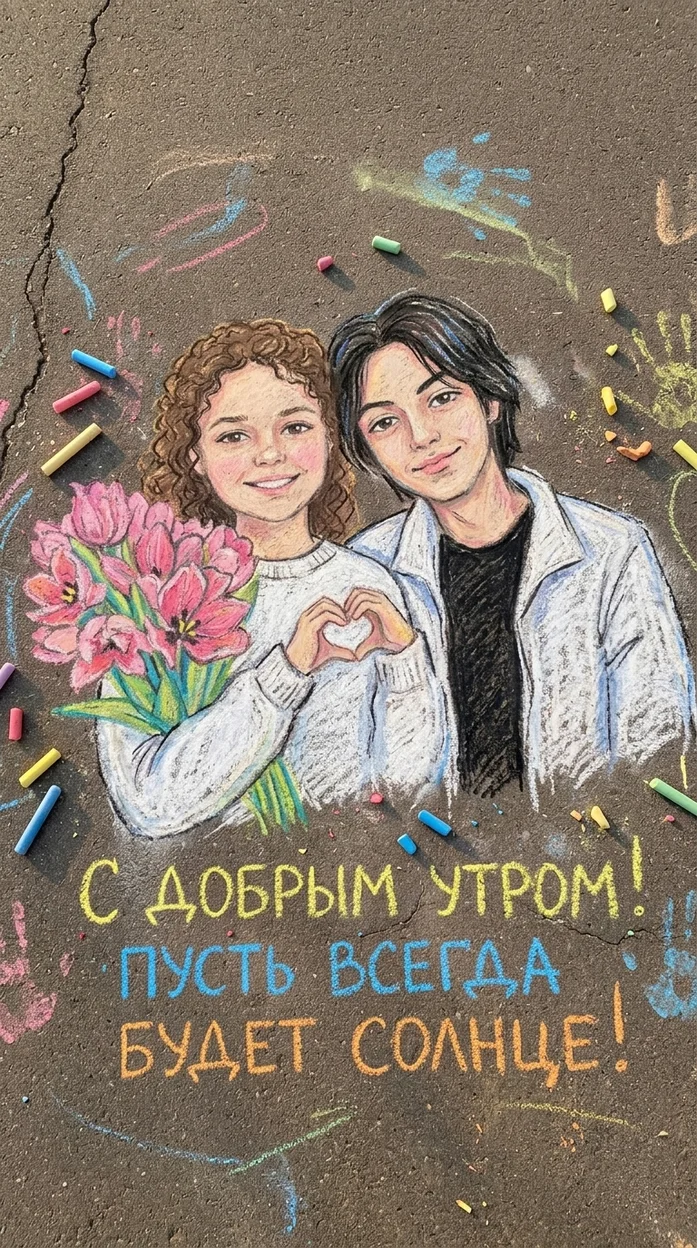 Рисунок цветными мелками на асфальте - Открытка на 1 мая 