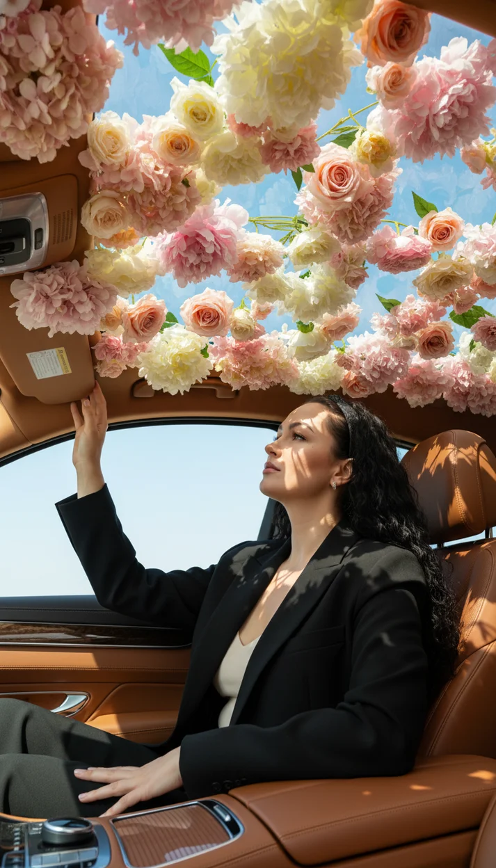 Девушка в машине с цветочным потолком