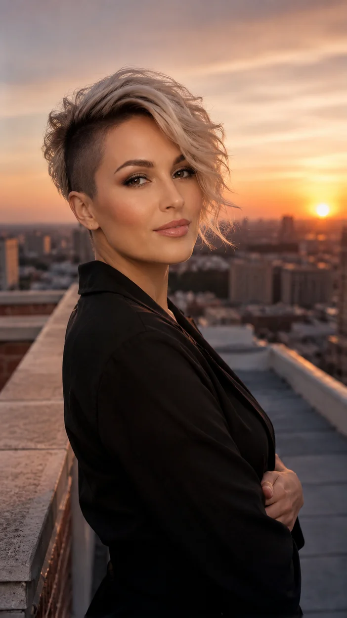 Фотосессия девушки в бежевом блонде на крыше
